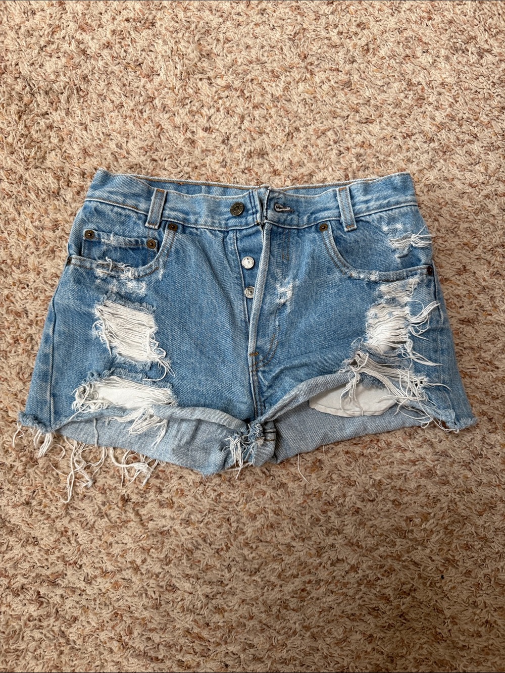 High-Rise Distressed Denim Cutoff Shorts - Light Blue